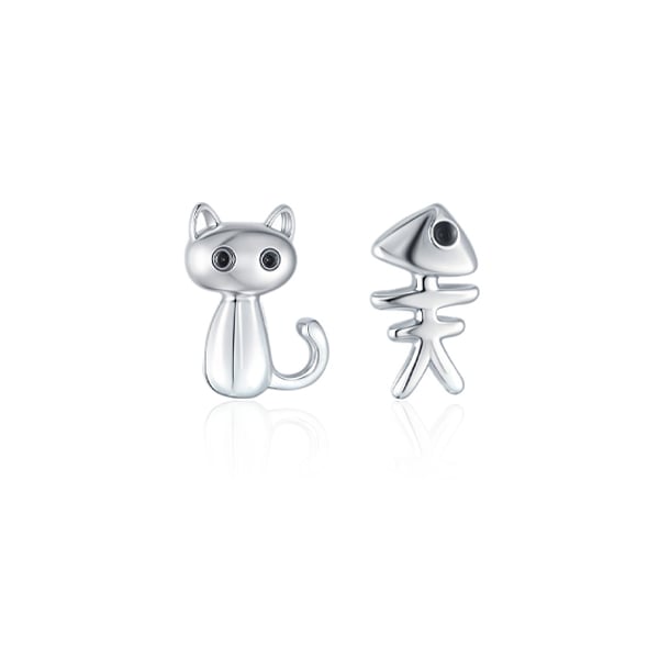 STK1432 貪吃貓咪與魚骨頭 不對稱 耳針/無耳洞黏貼式耳環