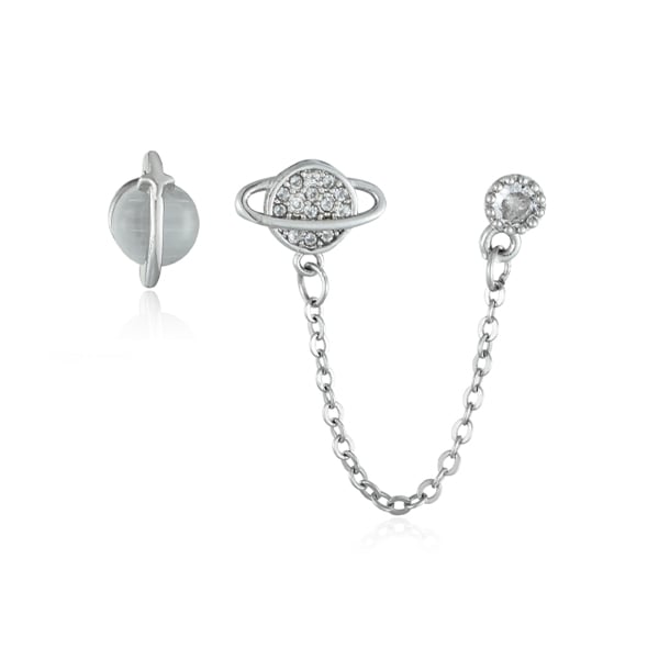 STK1419 不對稱星際行星鋯石鍊條 耳針/無耳洞黏貼式耳環