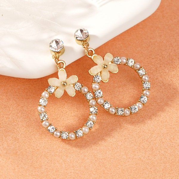 氣質花朵珍珠圓環鑲鑽 耳針/無耳洞黏貼式耳環