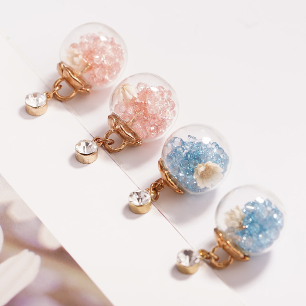 彩色水晶透明玻璃球乾花 無耳洞黏貼式耳環