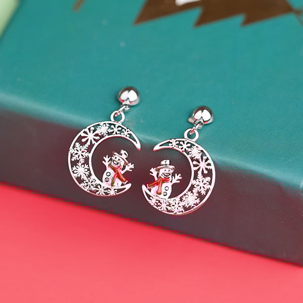 STK1459 聖誕弦月雪人 耳針/無耳洞黏貼式耳環