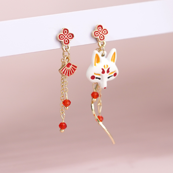 STK904 可愛狐狸系列-古風扇子 耳針/無耳洞黏貼式耳環