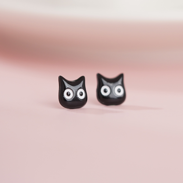 STK908 可愛的黑貓 無耳洞黏貼式耳環