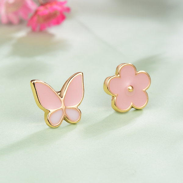 花與蝴蝶不對稱 無耳洞黏貼式耳環