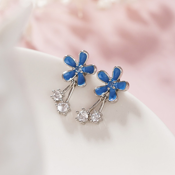 清新小藍花鑲鑽 無耳洞黏貼式耳環