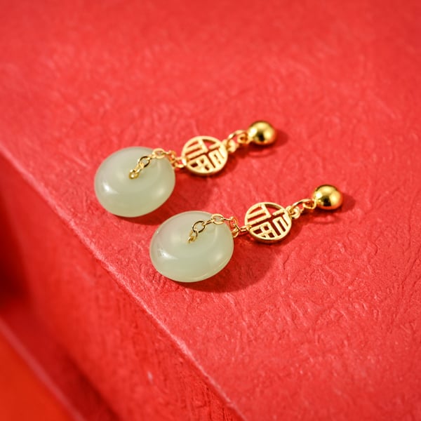 古韻福字平安玉 耳針/無耳洞黏貼式耳環